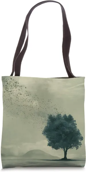 Green Solitary Tree In Calm Landscape Under Muted Sky Tote Bag