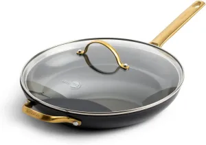 GreenPan Reserve Hard Anodized Healthy Ceramic Nonstick 12" Frying Pan Skillet with Helper Handle and Lid, Gold Handle, PFAS-Free, Dishwasher Safe, Oven Safe, Black