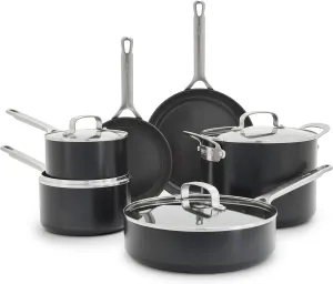 GreenPan x Bobby Flay 10 Piece Ceramic Nonstick Cookware Set, PFAS-Free, Hard Anodized Pots & Pans, Induction, Frypans Saucepans Saute Stockpot Lids, Stainless Steel Handles, Dishwasher Safe, Black