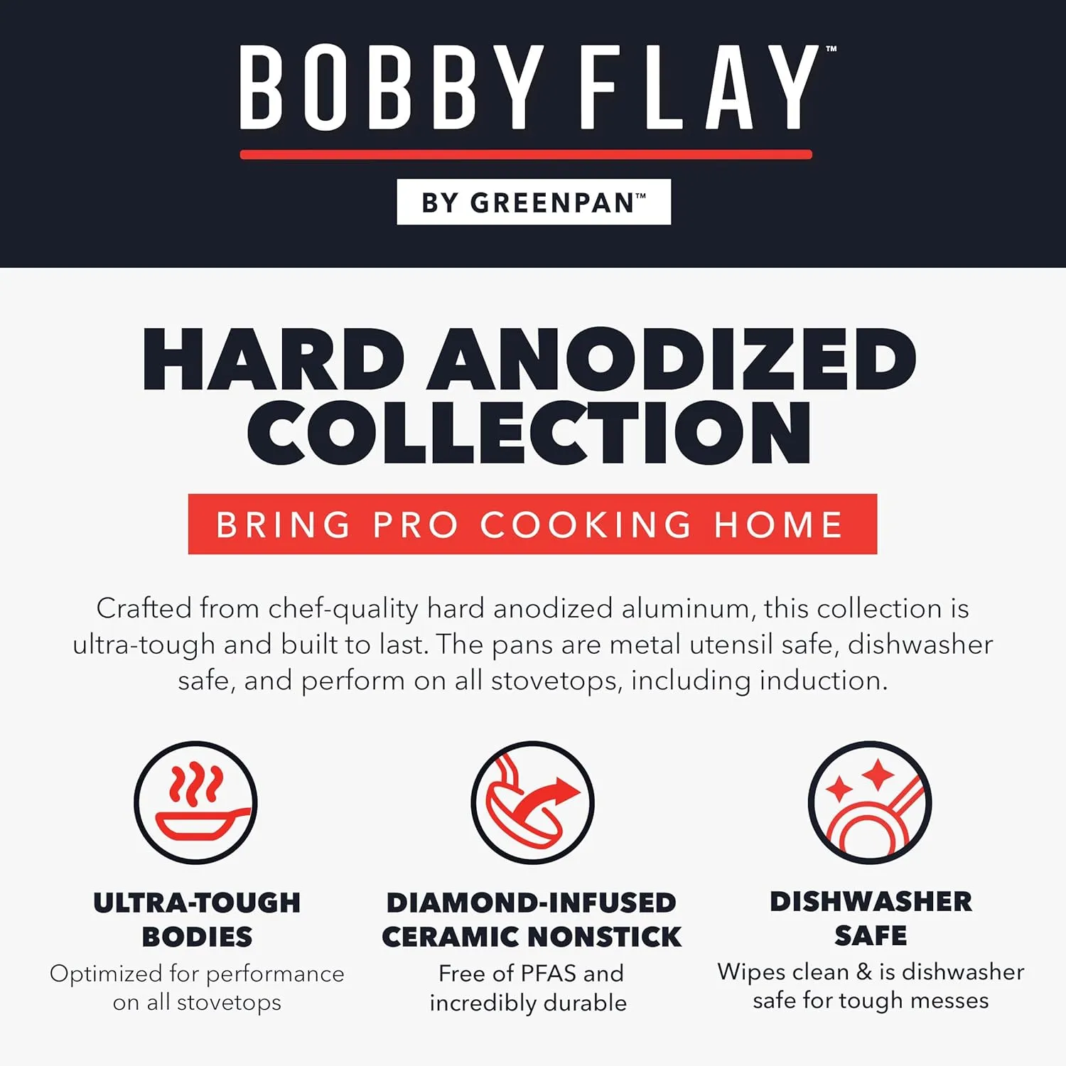 GreenPan x Bobby Flay 10 Piece Ceramic Nonstick Cookware Set, PFAS-Free, Hard Anodized Pots & Pans, Induction, Frypans Saucepans Saute Stockpot Lids, Stainless Steel Handles, Dishwasher Safe, Black