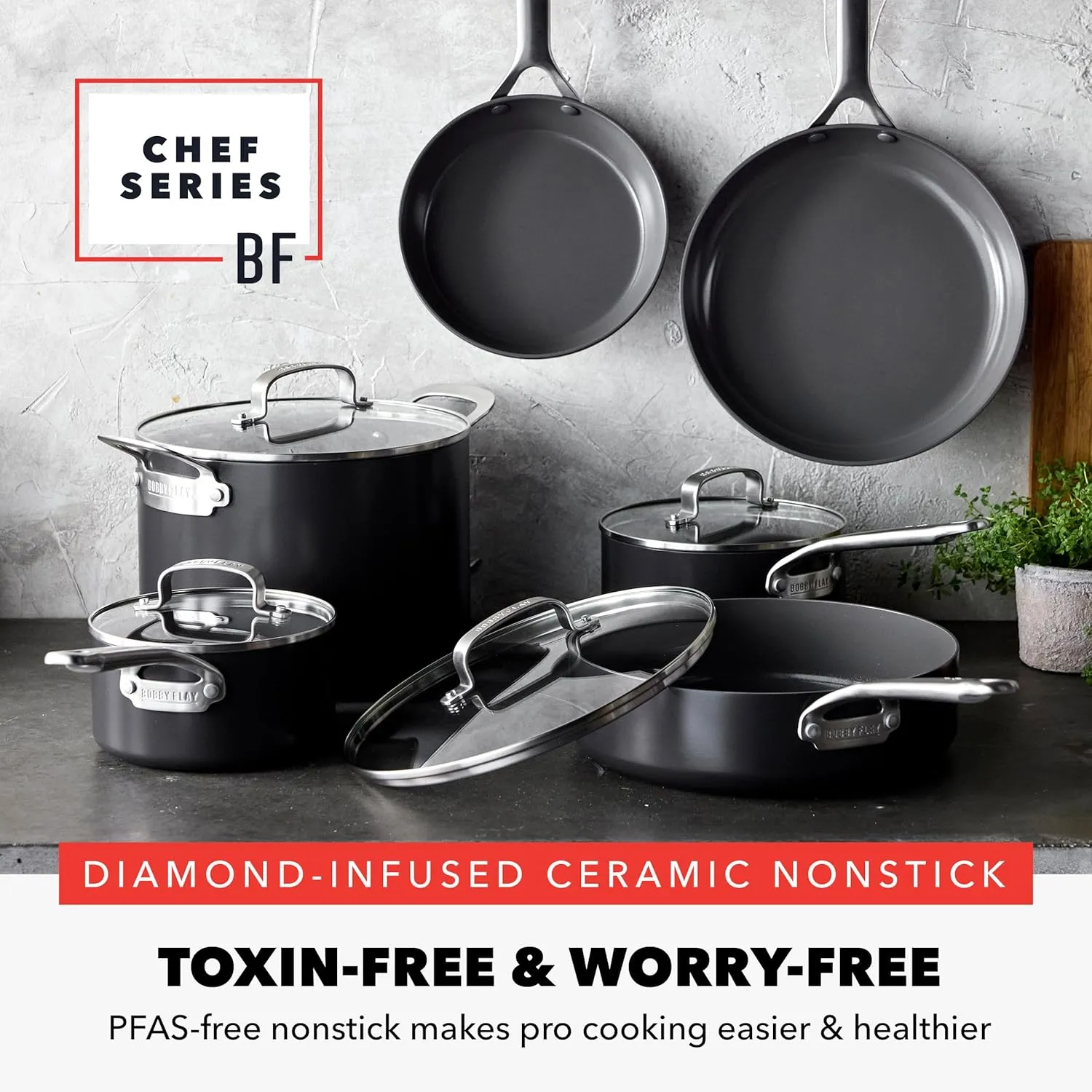 GreenPan x Bobby Flay 10 Piece Ceramic Nonstick Cookware Set, PFAS-Free, Hard Anodized Pots & Pans, Induction, Frypans Saucepans Saute Stockpot Lids, Stainless Steel Handles, Dishwasher Safe, Black