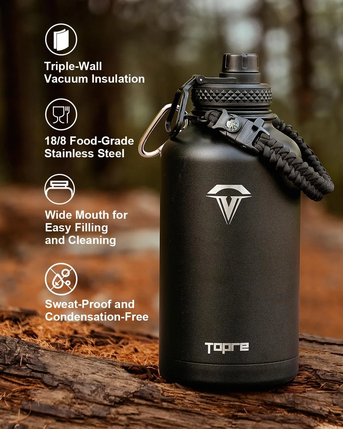 Half Gallon Water Bottle,64oz Insulated Water Bottle Stainless Steel Vacuum, Cold for 48 Hrs,BPA-Free & Leakproof -with Handle,Straw Spout Lids,Big Flask Jug for Gym Sports,Black without Pouch