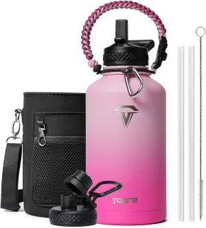Half Gallon Water Bottle,64oz Insulated Water Bottle Stainless Steel Vacuum,Cold for 48 Hrs,BPA-Free & Leakproof -with Paracord Handle,Strap,Straw Spout Lids,Big Flask Jug for Gym Sports,Pink