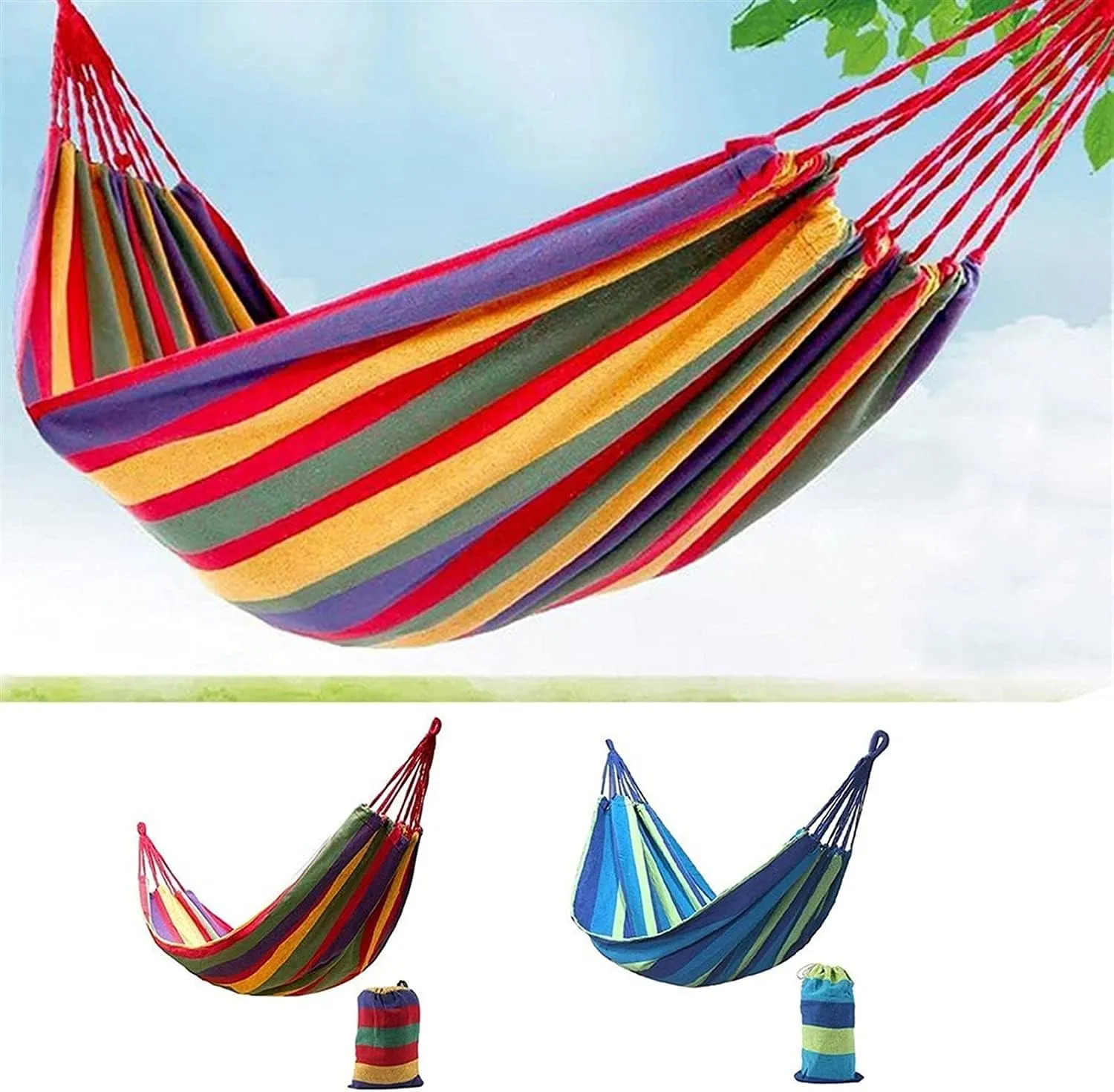 Hammock Hammock 2 People Striped Hammock Outdoor Leisure Bed Thick Canvas Hanging Bed Sleeping Swing Camping Hammock Camping Outdoor Hammock (Color : Blue) (Blue)