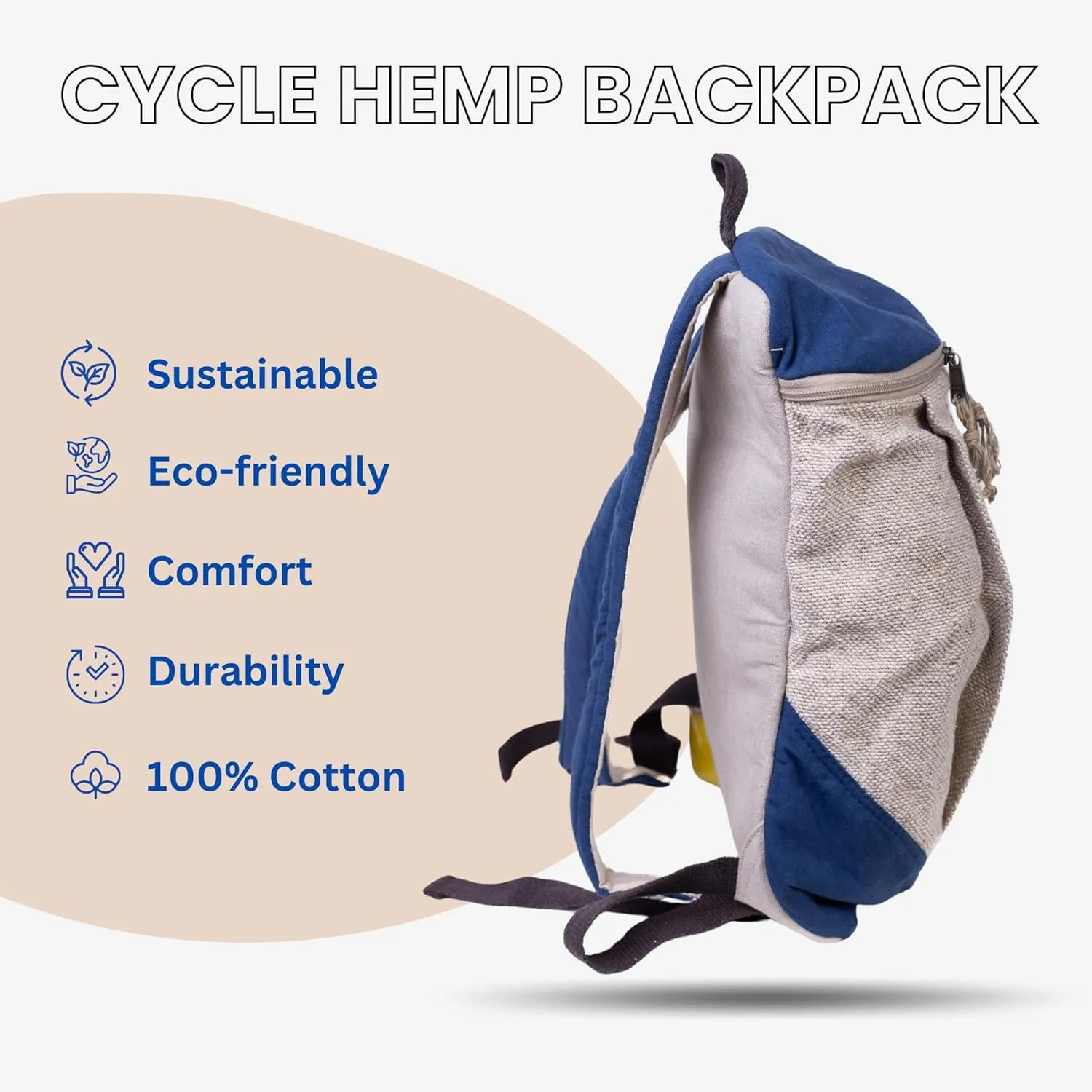 Handcrafted Hemp Backpack, Blue – Spacious & Durable Backpack with Cotton Lining, Ideal for Everyday Use, Travel, and Work