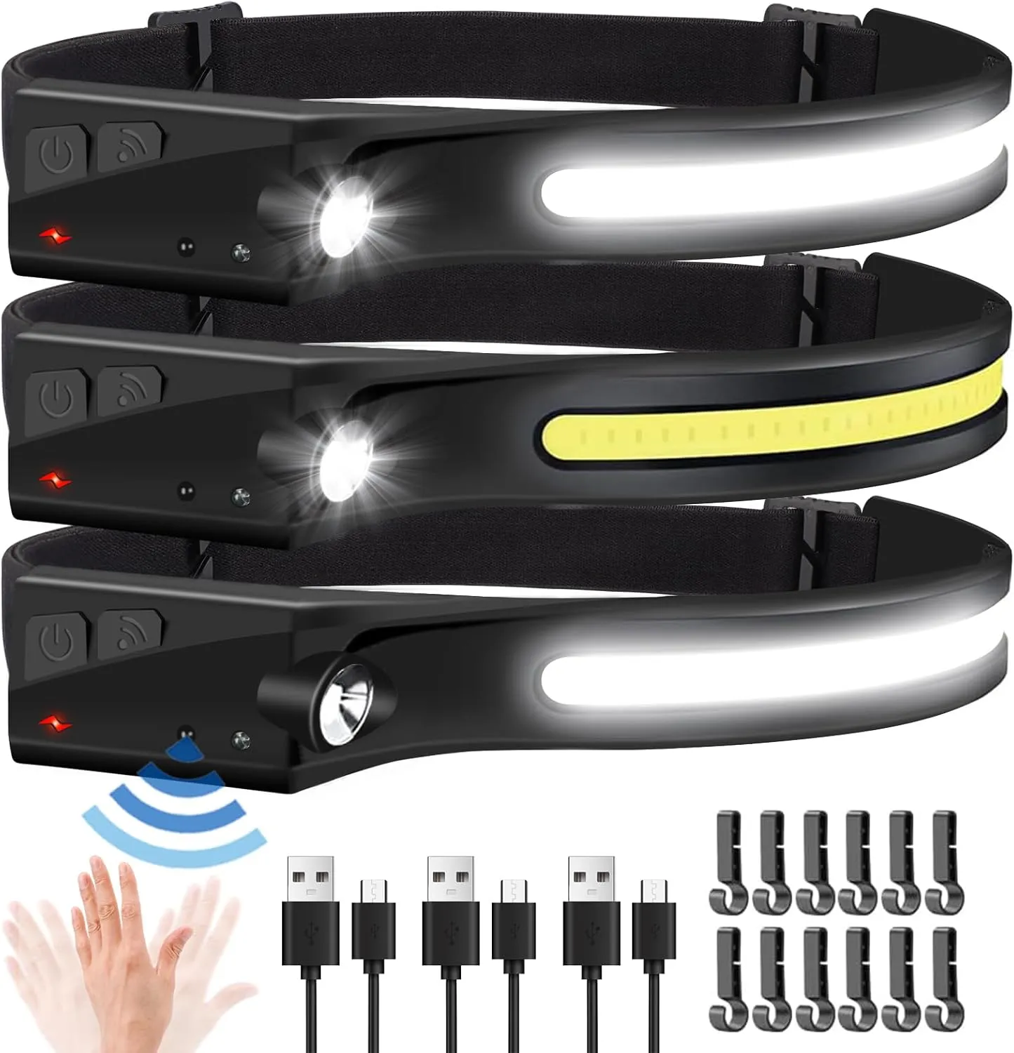 Headlamp Flashlight, 3Pack Rechargeable LED Headlamps 1200Lumens 2 COB 230°Wide Beam Headlight with Motion Sensor Bright 5 Modes Lightweight Waterproof Head Lamp for Outdoor Running, Camping Hiking