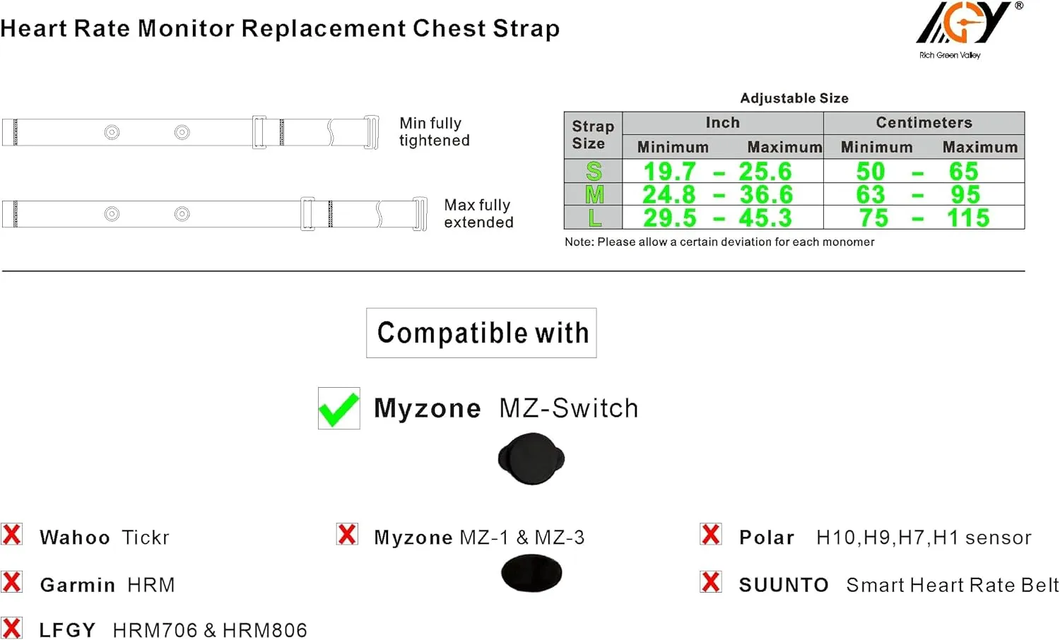 Heart Rate Monitor Replacement Strap, Adjustable Chest Band Compatible with Myzone MZ-SWITCH Black