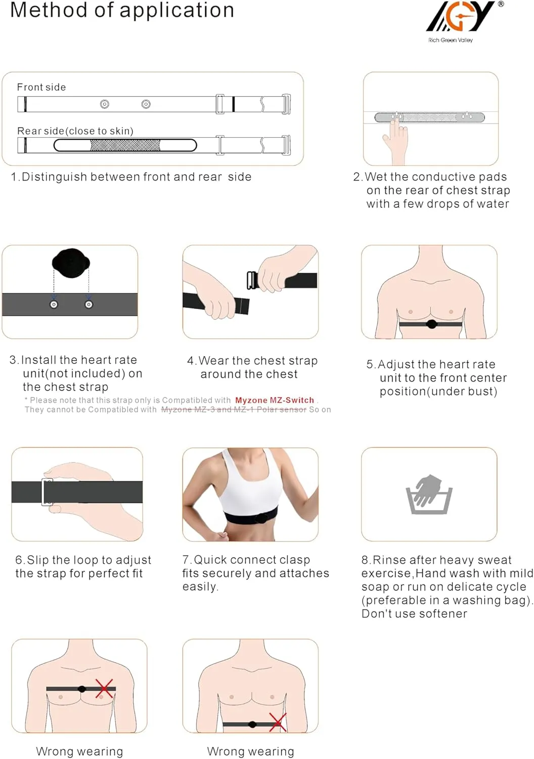 Heart Rate Monitor Replacement Strap, Adjustable Chest Band Compatible with Myzone MZ-SWITCH Black