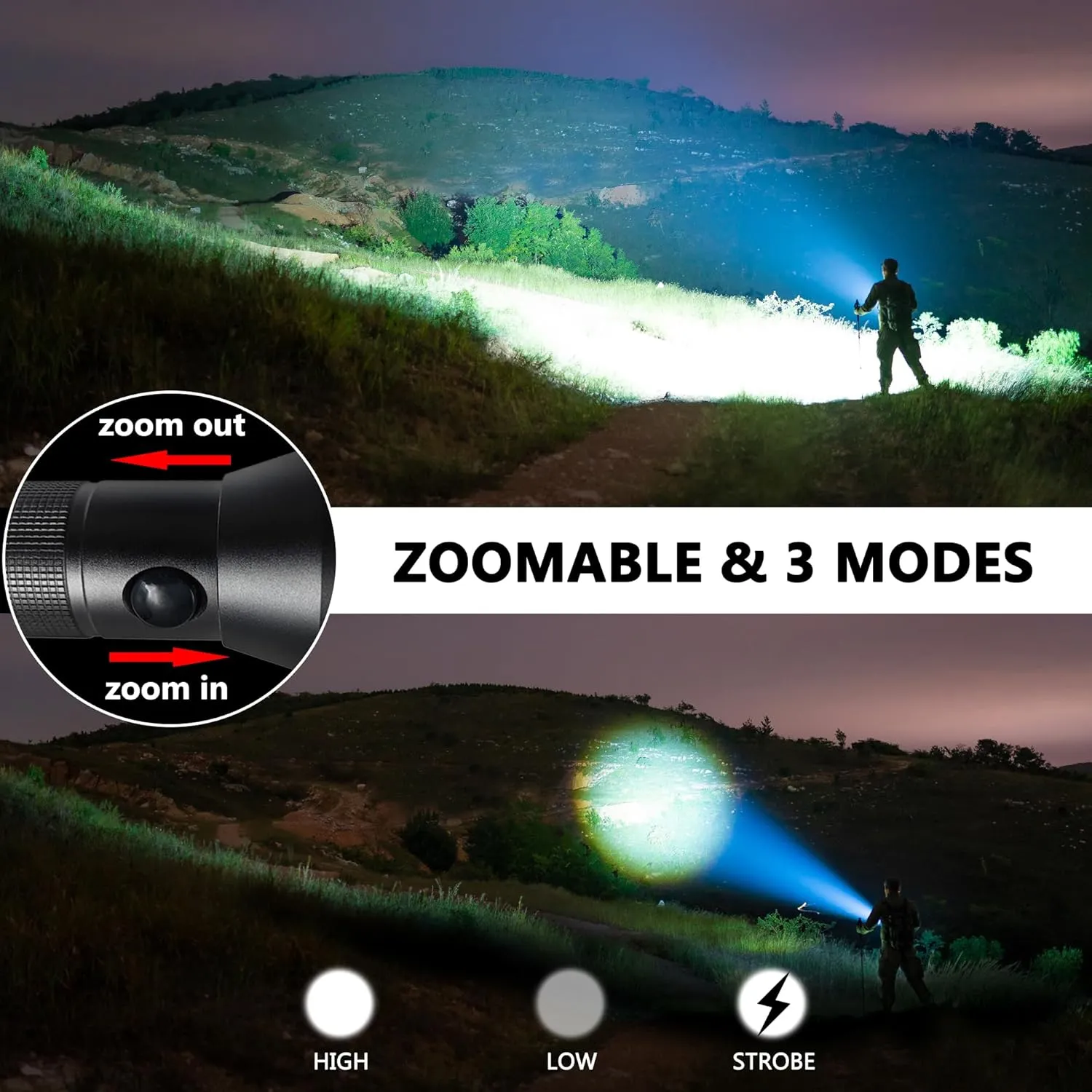 Heavy-Duty LED 4-Cell D Flashlight High Lumens, 3 Modes, Zoomable Flashlights for Power Outages, Hurricane Supplies, Camping