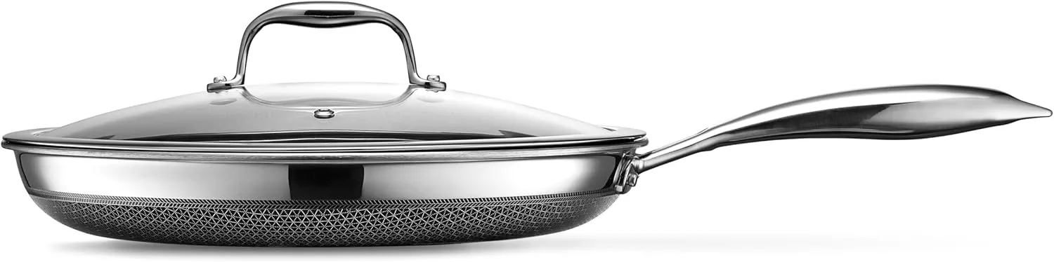 HexClad Hybrid Nonstick 12-Inch Frying Pan with Tempered Glass Lid, Stay-Cool Handle, Dishwasher-Friendly, Oven-Safe Up to 900°F, Induction-Ready, Compatible with All Cooktops