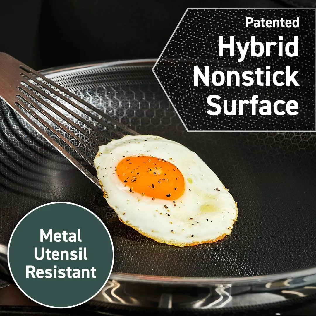HexClad Hybrid Nonstick 12-Inch Frying Pan with Tempered Glass Lid, Stay-Cool Handle, Dishwasher-Friendly, Oven-Safe Up to 900°F, Induction-Ready, Compatible with All Cooktops