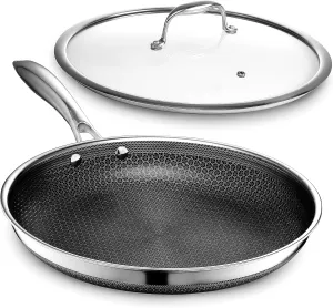 HexClad Hybrid Nonstick 12-Inch Frying Pan with Tempered Glass Lid, Stay-Cool Handle, Dishwasher-Friendly, Oven-Safe Up to 900°F, Induction-Ready, Compatible with All Cooktops