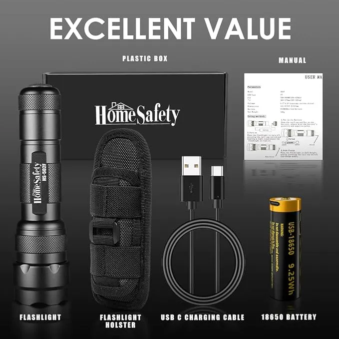 Home Safety 502F Small Tactical Flashlight with Holster, Single Mode Zoomable Pocket LED Flashlight High Lumen Duty Flash light, IPX65 Waterproof, EDC Flashlight for Camping, Hiking, Emergency