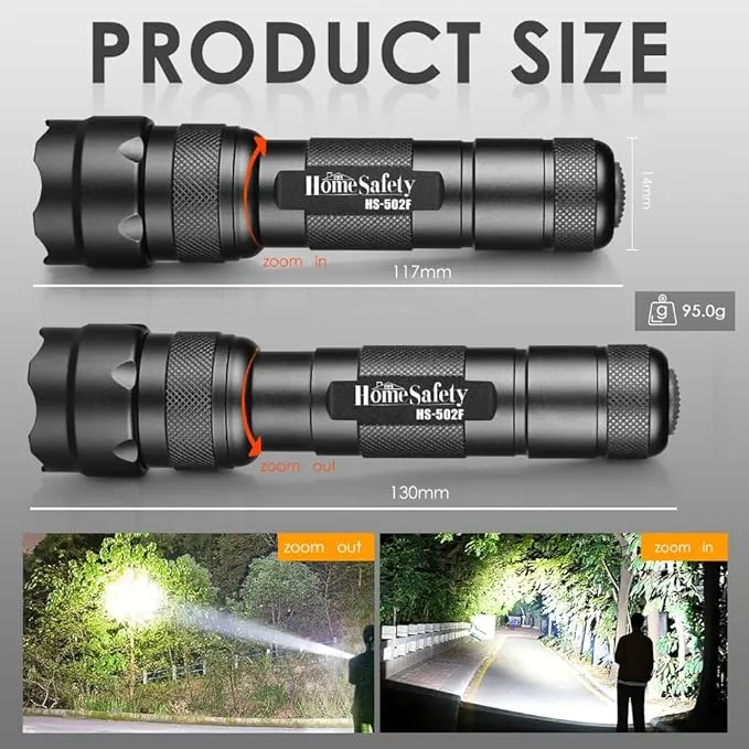 Home Safety 502F Small Tactical Flashlight with Holster, Single Mode Zoomable Pocket LED Flashlight High Lumen Duty Flash light, IPX65 Waterproof, EDC Flashlight for Camping, Hiking, Emergency