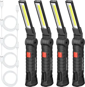 Honoson 4 Pieces LED Work Light Cob Rechargeable Work Flashlight with Magnetic Base, Hanging Hook and 360° Rotate 5 Modes Portable LED Flashlight for Car Repair, Household and Outdoor(Large)