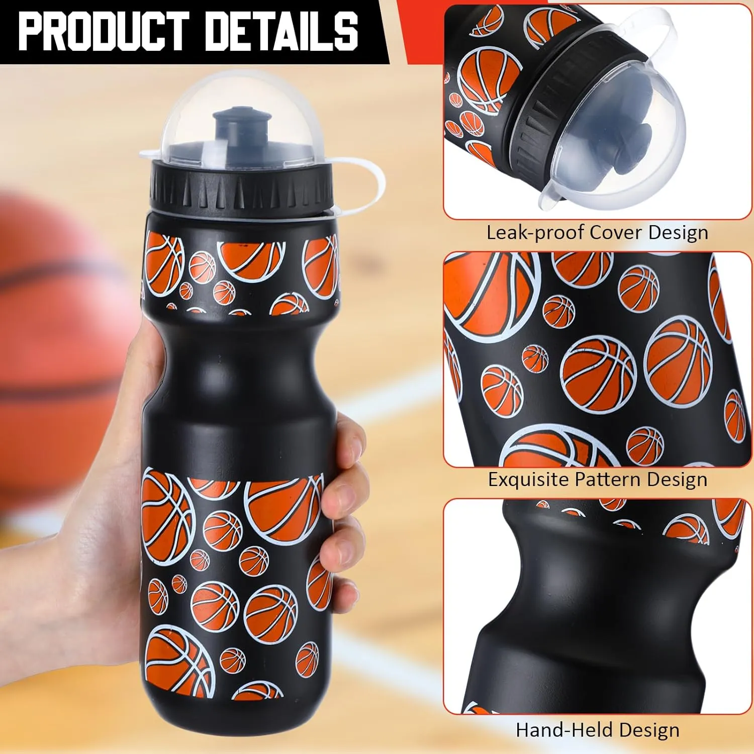 Hosuly 24 Pcs 24 oz Basketball Water Bottle Bulk and Drawstring Bag Set 12 Reusable Plastic Biking Water Bottle Tumbler 12 Sport Gym Goodie Gift Bag for Party Favor (Orange, Black)