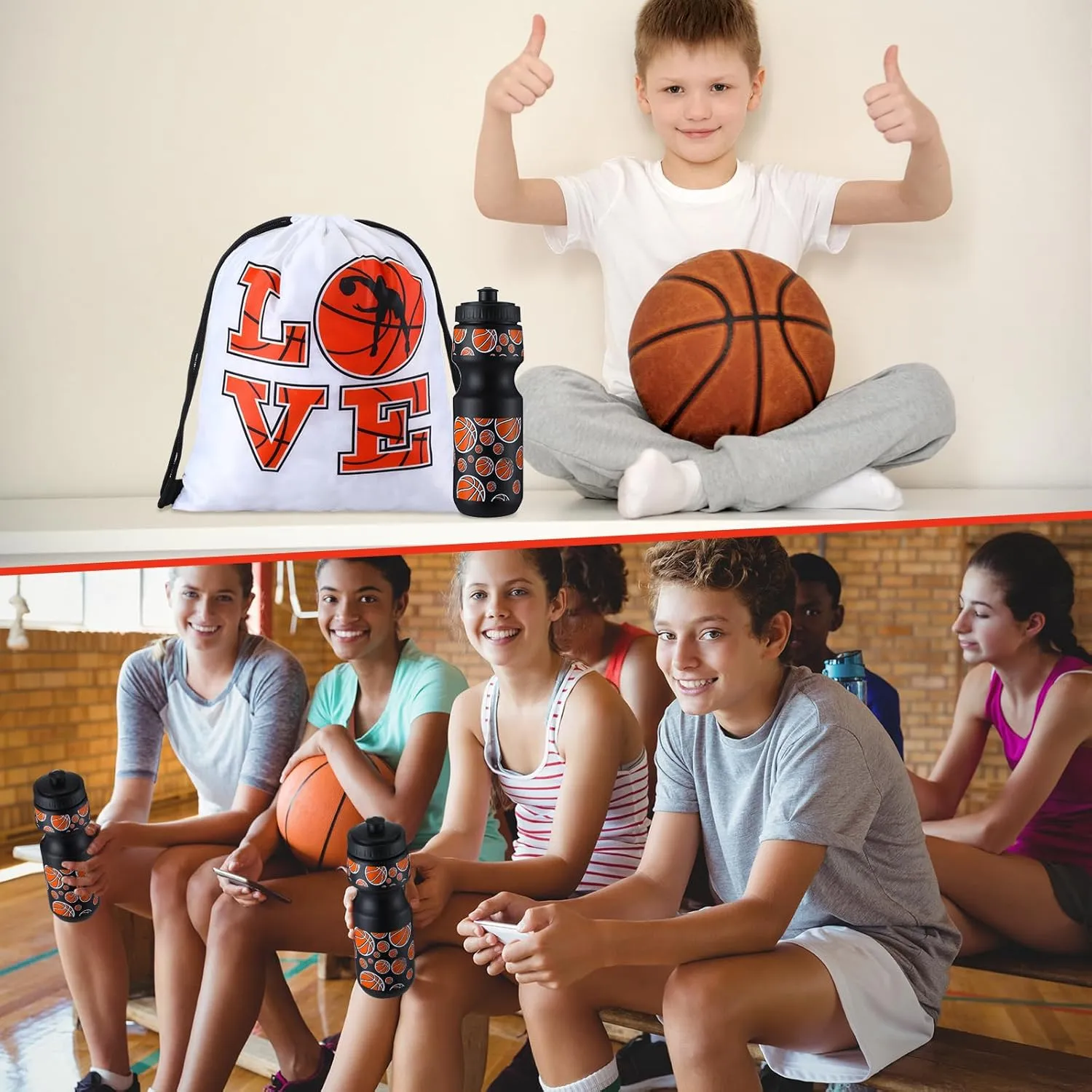 Hosuly 24 Pcs 24 oz Basketball Water Bottle Bulk and Drawstring Bag Set 12 Reusable Plastic Biking Water Bottle Tumbler 12 Sport Gym Goodie Gift Bag for Party Favor (Orange, Black)