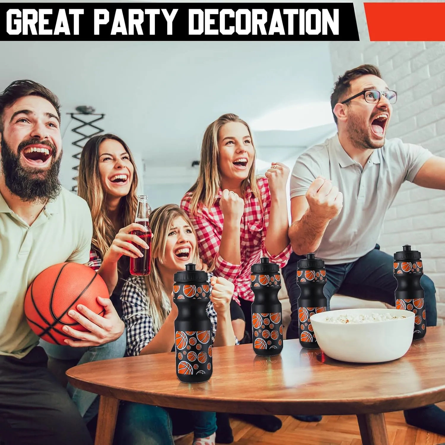 Hosuly 24 Pcs 24 oz Basketball Water Bottle Bulk and Drawstring Bag Set 12 Reusable Plastic Biking Water Bottle Tumbler 12 Sport Gym Goodie Gift Bag for Party Favor (Orange, Black)