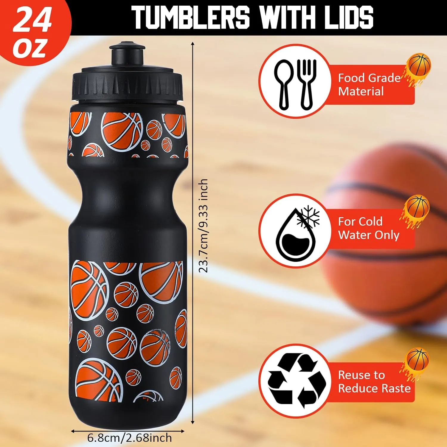 Hosuly 24 Pcs 24 oz Basketball Water Bottle Bulk and Drawstring Bag Set 12 Reusable Plastic Biking Water Bottle Tumbler 12 Sport Gym Goodie Gift Bag for Party Favor (Orange, Black)