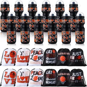 Hosuly 24 Pcs 24 oz Basketball Water Bottle Bulk and Drawstring Bag Set 12 Reusable Plastic Biking Water Bottle Tumbler 12 Sport Gym Goodie Gift Bag for Party Favor (Orange, Black)