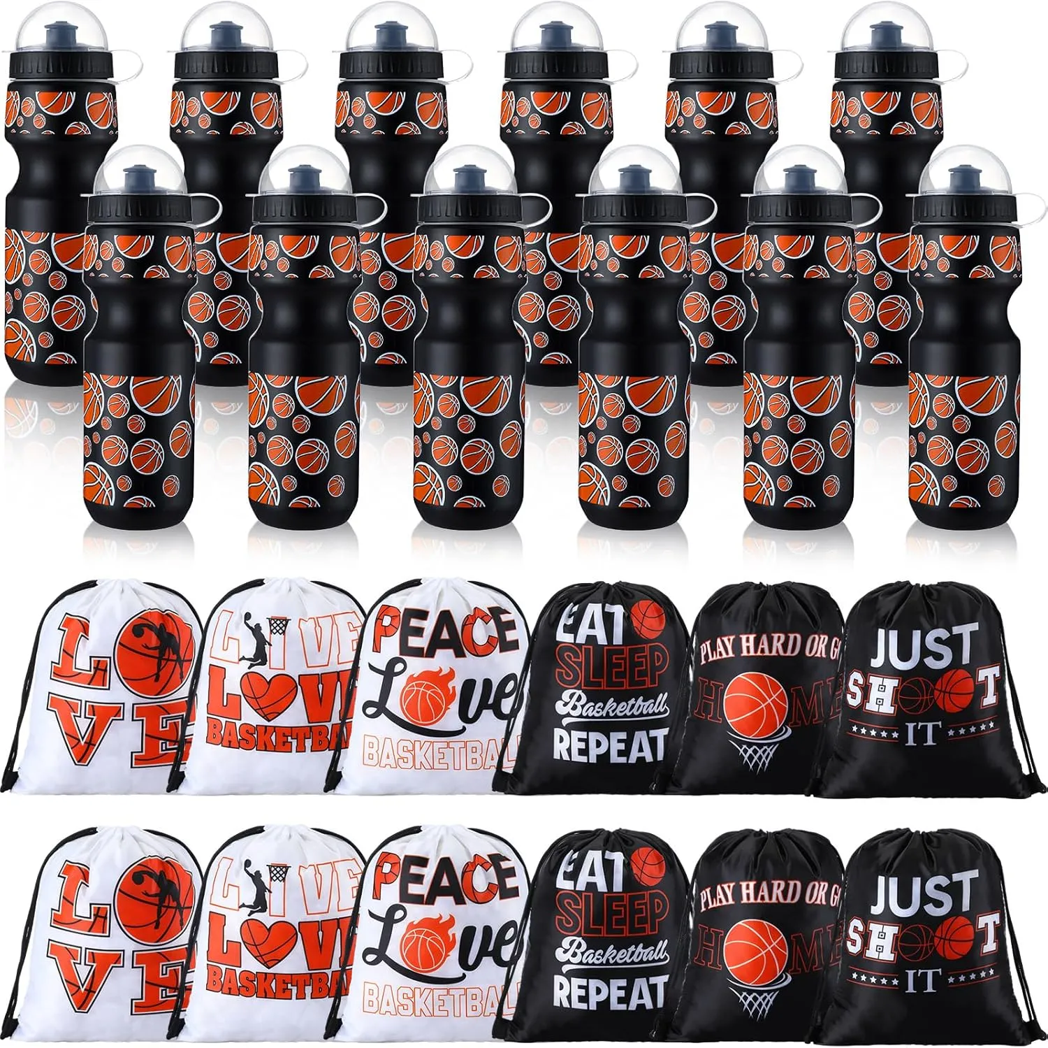 Hosuly 24 Pcs 24 oz Basketball Water Bottle Bulk and Drawstring Bag Set 12 Reusable Plastic Biking Water Bottle Tumbler 12 Sport Gym Goodie Gift Bag for Party Favor (Orange, Black)
