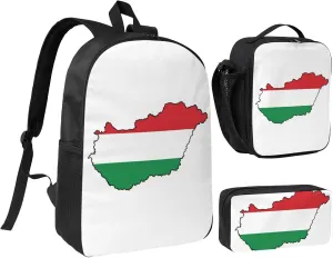 Hungary Flag Map print Backpack Set Casual Shoulder Bag Lunch Bag Pen Pouch 3 in 1 Set 17inch for Women Men College