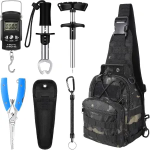 Hungdao 7 Pcs Fishing Tool Kit Backpack Pliers Kit Fishing Gear Fish Hook Remover Digital Scale Gripper Sheath Lanyards Fish Hook Separator