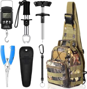 Hungdao 7 Pcs Fishing Tool Kit Backpack Pliers Kit Fishing Gear Fish Hook Remover Digital Scale Gripper Sheath Lanyards Fish Hook Separator