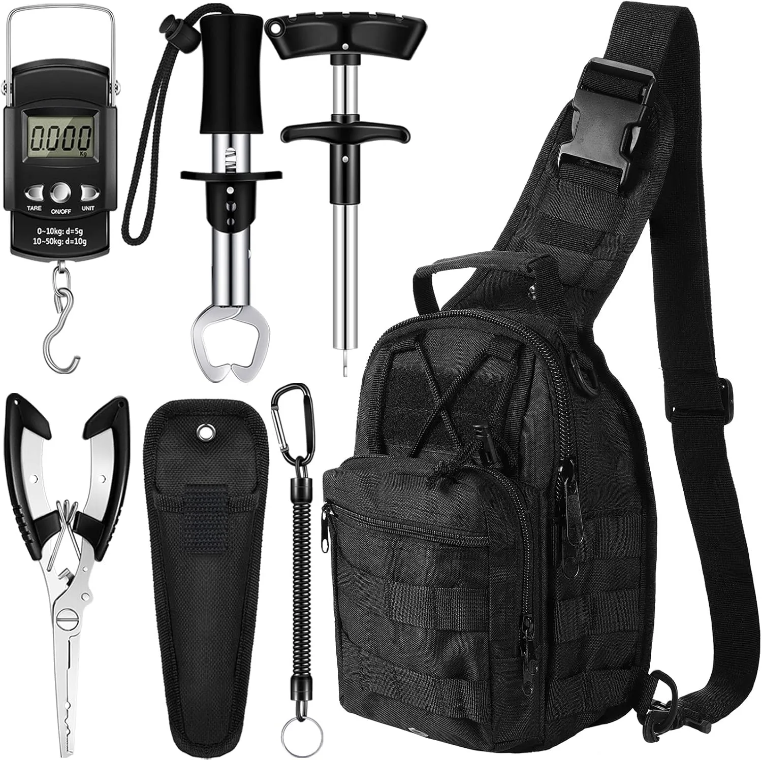 Hungdao 7 Pcs Fishing Tool Kit Fishing Gear Backpack Pliers and Equipment Include Hook Remover Backpack Pliers Kit Scale Gripper Weigh Separator