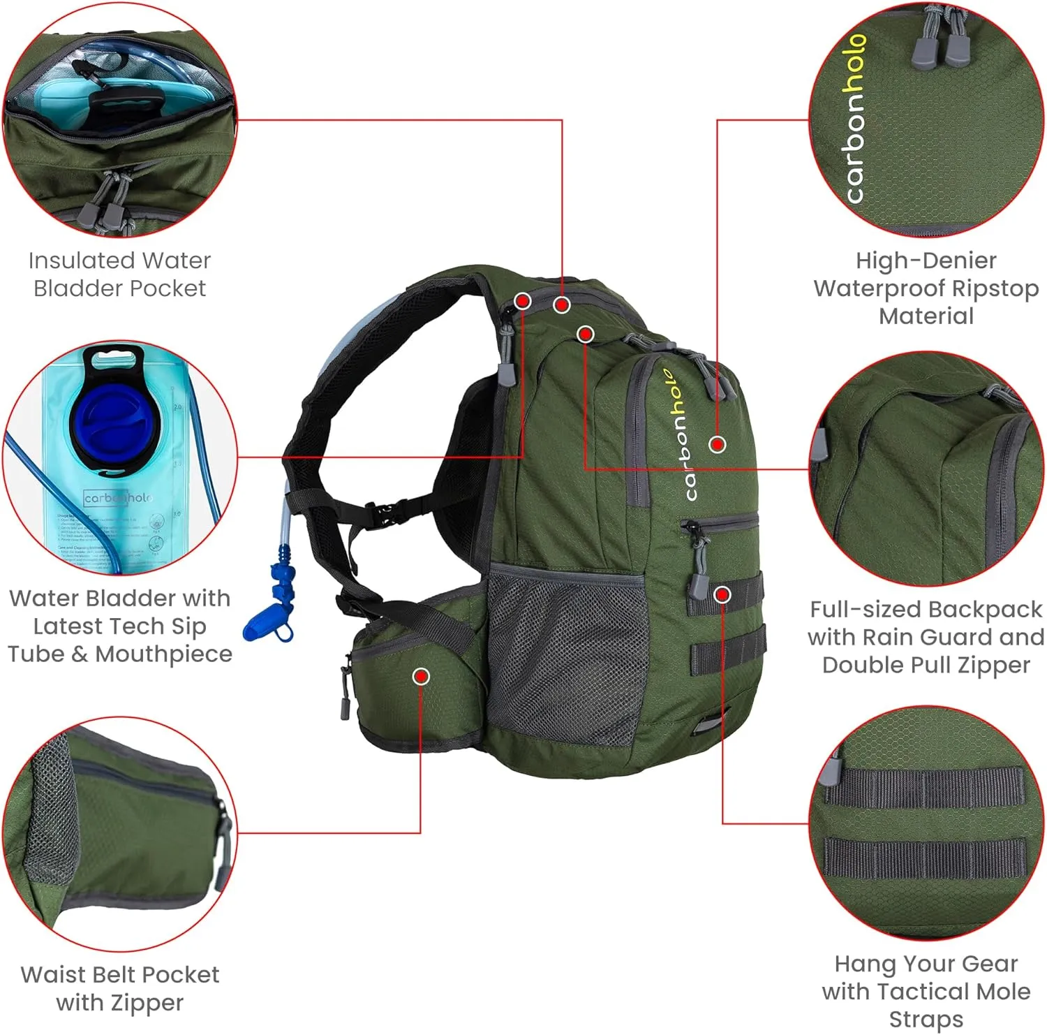 Hydration Backpack for Hiking and Biking | Water Bladder Included | Insulated Pocket | Lightweight, Adjustable (Woodland Green)