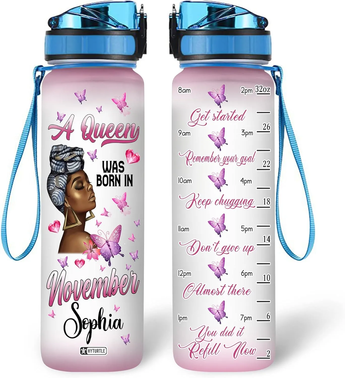 Hyturtle Personalized A Queen Was Born In November Butterfly 32Oz Liter Motivational Water Bottle, Customized Name Africa American With Time Marker, Gifts For Black Women On Birthday Mother's Day