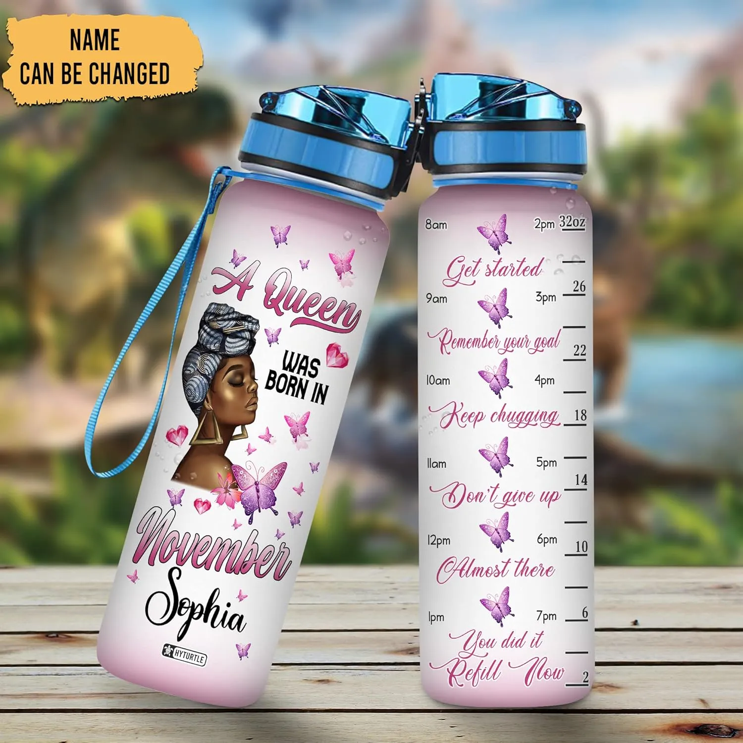 Hyturtle Personalized A Queen Was Born In November Butterfly 32Oz Liter Motivational Water Bottle, Customized Name Africa American With Time Marker, Gifts For Black Women On Birthday Mother's Day