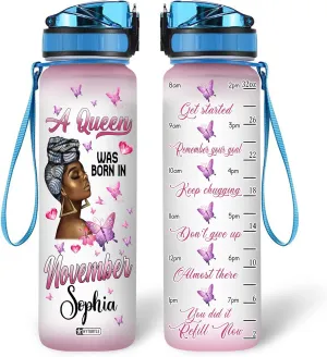 Hyturtle Personalized A Queen Was Born In November Butterfly 32Oz Liter Motivational Water Bottle, Customized Name Africa American With Time Marker, Gifts For Black Women On Birthday Mother's Day