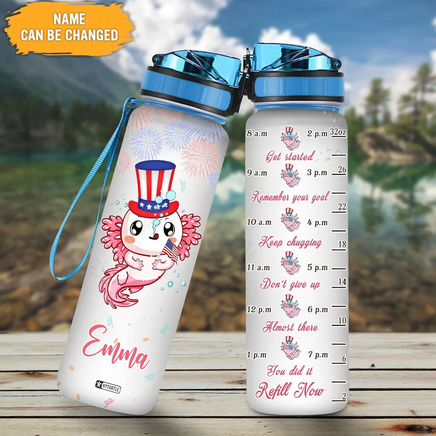 Hyturtle Personalized Axolotl 4th Of July Firework 32oz Liter Motivational Water Bottle, Customized Name With Time Marker, Gifts For Women, Girls Kid Friend Axolotl Lover On Birthday Independence Day