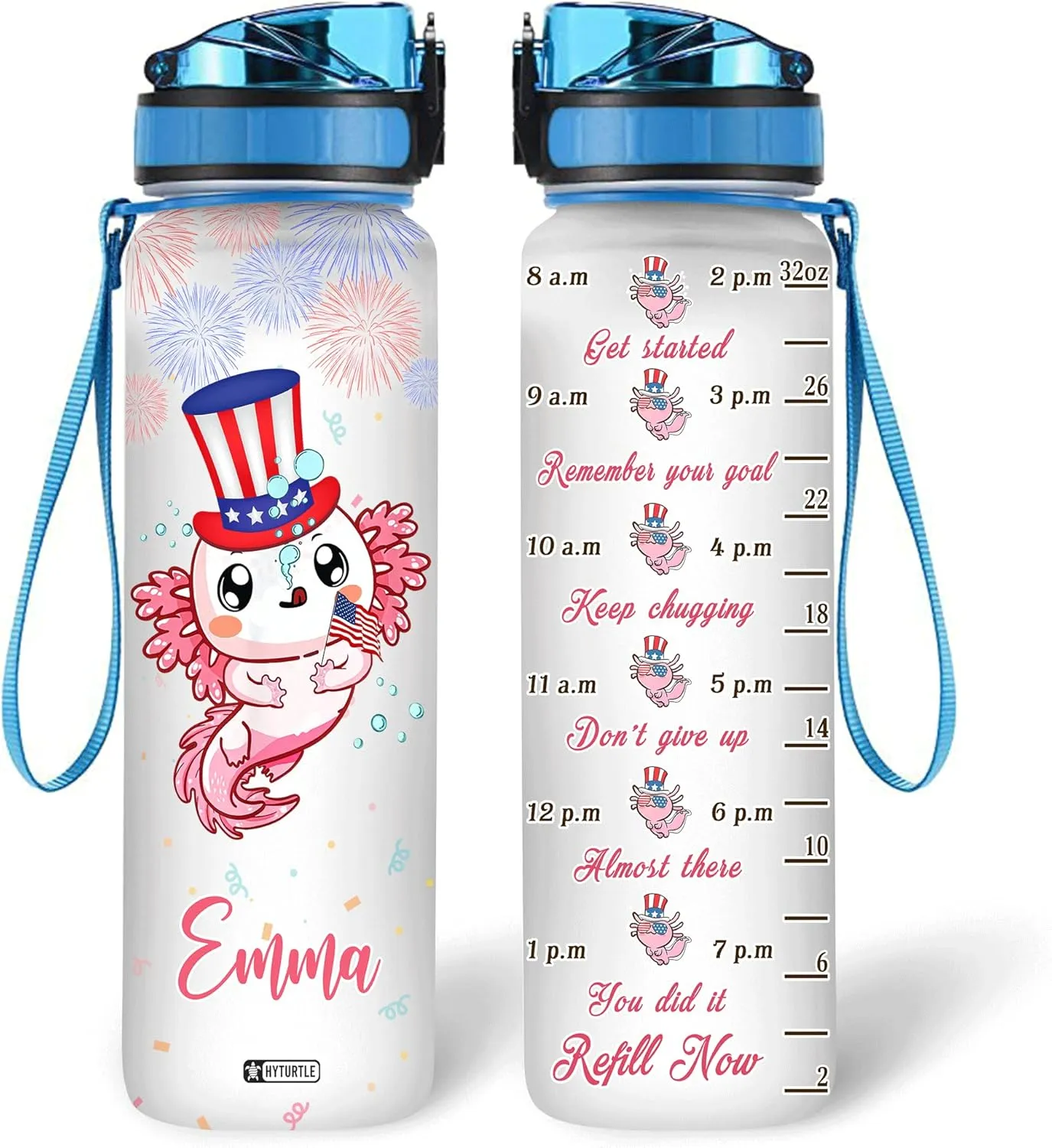 Hyturtle Personalized Axolotl 4th Of July Firework 32oz Liter Motivational Water Bottle, Customized Name With Time Marker, Gifts For Women, Girls Kid Friend Axolotl Lover On Birthday Independence Day