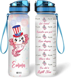 Hyturtle Personalized Axolotl 4th Of July Firework 32oz Liter Motivational Water Bottle, Customized Name With Time Marker, Gifts For Women, Girls Kid Friend Axolotl Lover On Birthday Independence Day