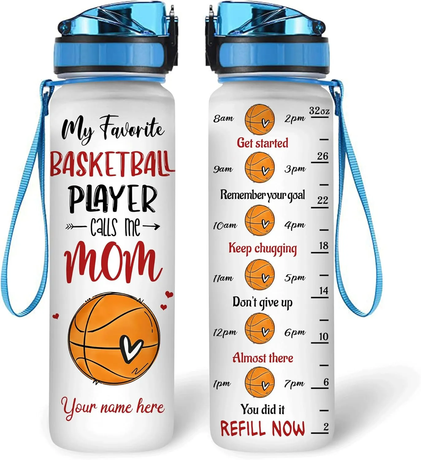 Hyturtle Personalized Basketball Mom 32Oz Liter Motivational Water Bottle, Customized Name With Time Marker, Gifts For Women Girls Boys Friends Basketball Fan Lovers