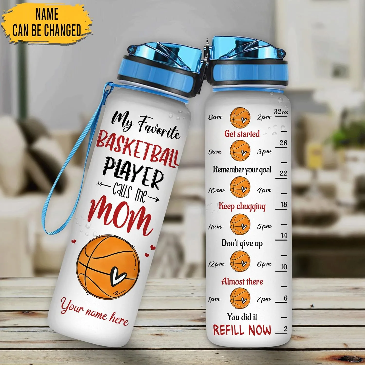 Hyturtle Personalized Basketball Mom 32Oz Liter Motivational Water Bottle, Customized Name With Time Marker, Gifts For Women Girls Boys Friends Basketball Fan Lovers