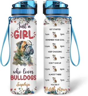Hyturtle Personalized Bulldog Dog Lovers 32 Oz 1Liter Motivational Water Bottle With Time Marker, Just A Girl Who Loves Dogs, Animal Lovers Gifts For Women, Girl On Birthday, Christmas