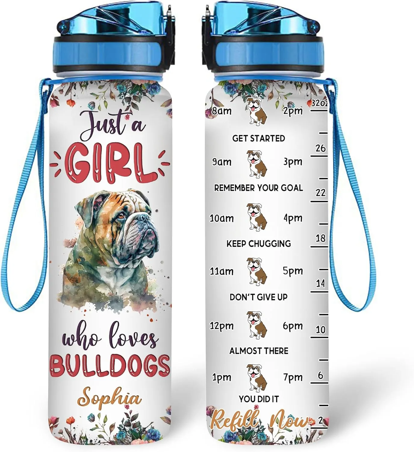 Hyturtle Personalized Bulldog Dog Lovers 32 Oz 1Liter Motivational Water Bottle With Time Marker, Just A Girl Who Loves Dogs, Animal Lovers Gifts For Women, Girl On Birthday, Christmas