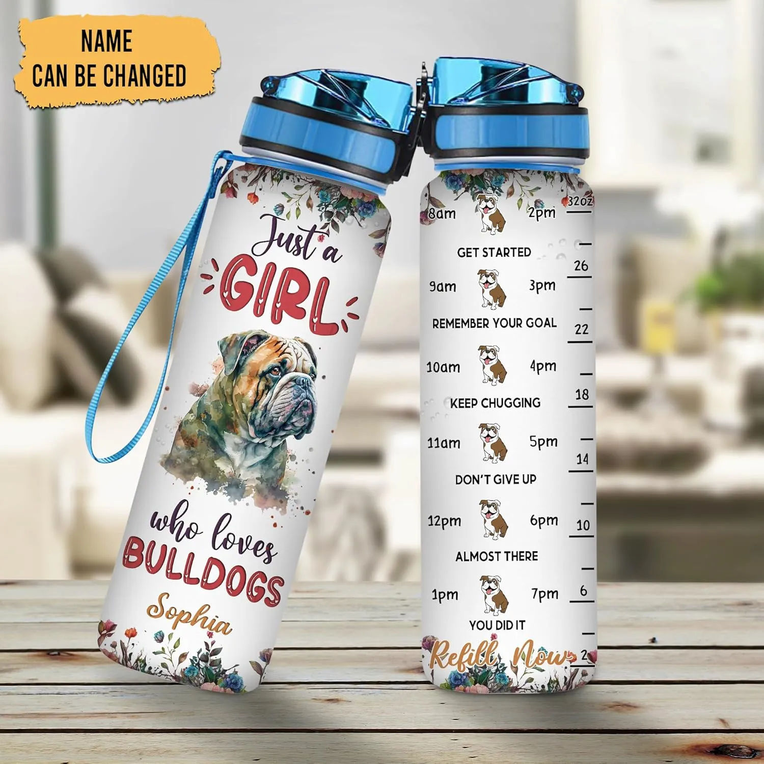 Hyturtle Personalized Bulldog Dog Lovers 32 Oz 1Liter Motivational Water Bottle With Time Marker, Just A Girl Who Loves Dogs, Animal Lovers Gifts For Women, Girl On Birthday, Christmas