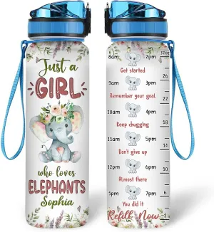 Hyturtle Personalized Elephant Lovers 32 Oz 1Liter Motivational Water Bottle With Time Marker, Just A Girl Who Loves Elephants, Animal Lovers Gifts For Women, Girl On Birthday, Christmas