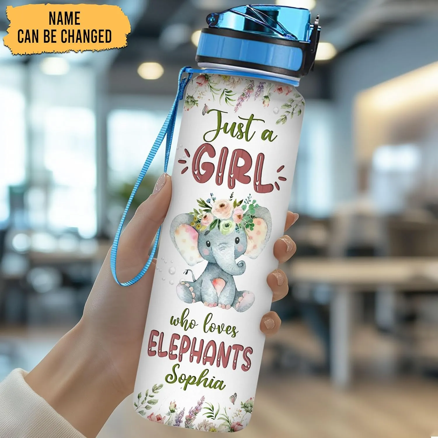 Hyturtle Personalized Elephant Lovers 32 Oz 1Liter Motivational Water Bottle With Time Marker, Just A Girl Who Loves Elephants, Animal Lovers Gifts For Women, Girl On Birthday, Christmas