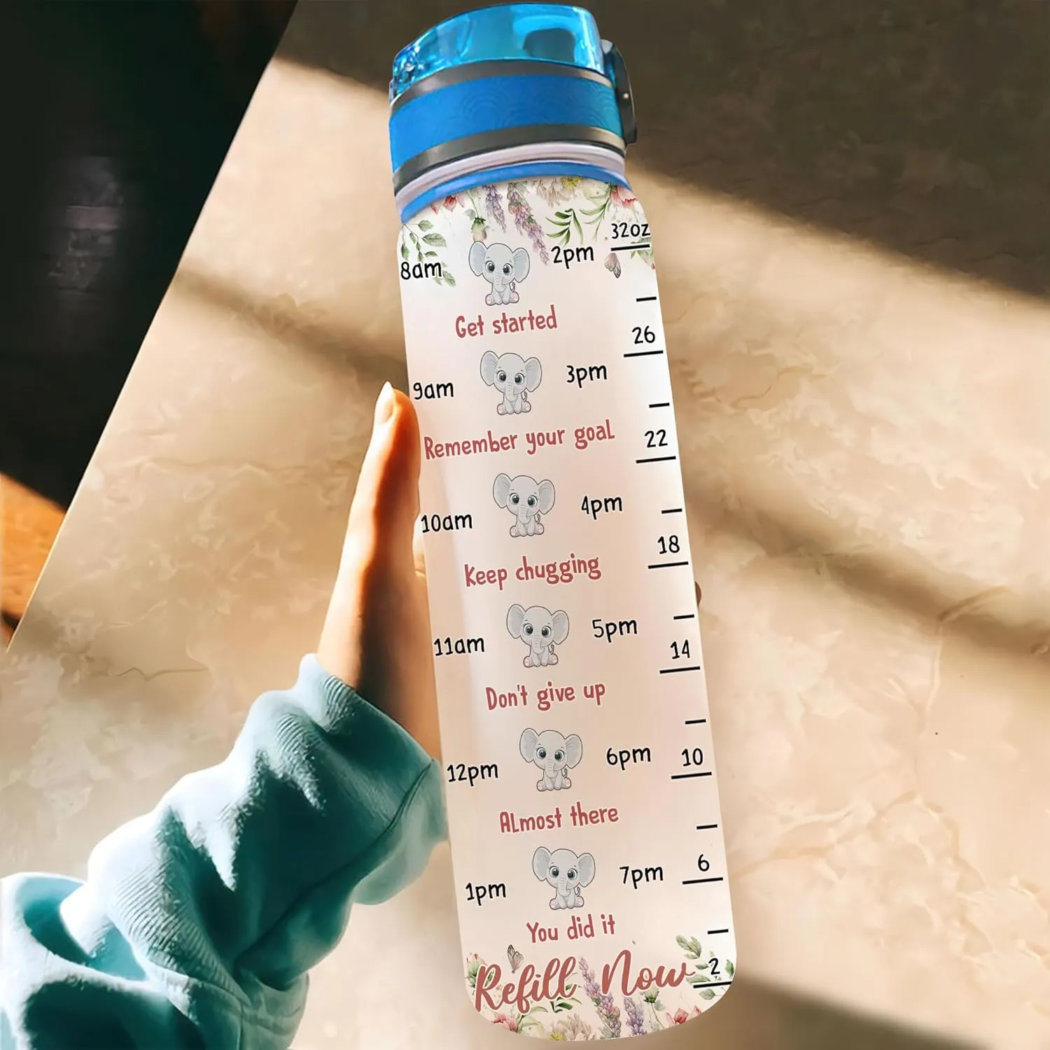 Hyturtle Personalized Elephant Lovers 32 Oz 1Liter Motivational Water Bottle With Time Marker, Just A Girl Who Loves Elephants, Animal Lovers Gifts For Women, Girl On Birthday, Christmas
