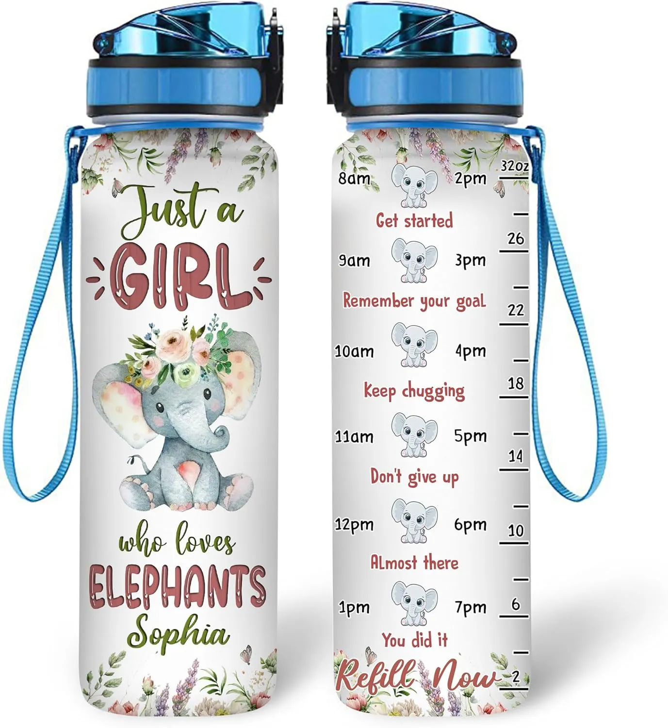Hyturtle Personalized Elephant Lovers 32 Oz 1Liter Motivational Water Bottle With Time Marker, Just A Girl Who Loves Elephants, Animal Lovers Gifts For Women, Girl On Birthday, Christmas