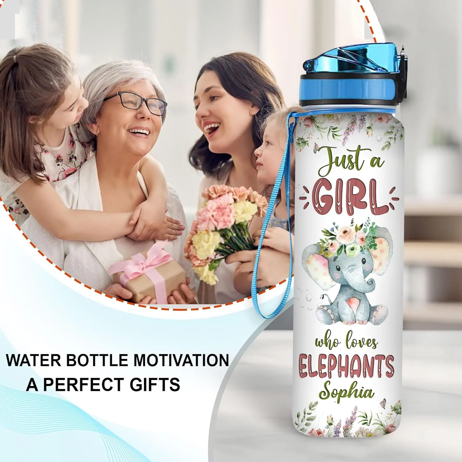 Hyturtle Personalized Elephant Lovers 32 Oz 1Liter Motivational Water Bottle With Time Marker, Just A Girl Who Loves Elephants, Animal Lovers Gifts For Women, Girl On Birthday, Christmas