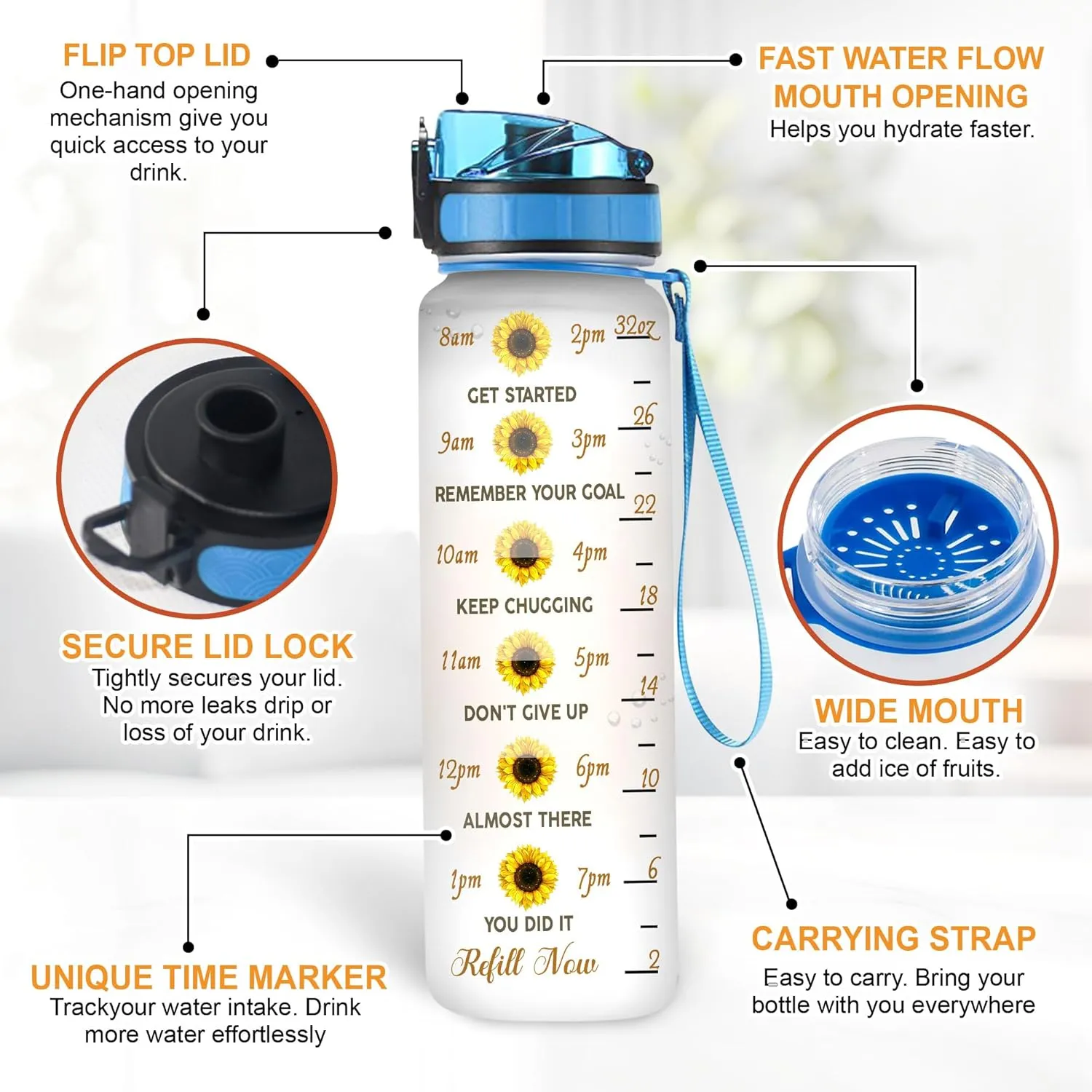 Hyturtle Personalized Elephant Water Bottle - 32oz Motivational Water Bottle with Leak-Proof Lid & Time Marker - Custom Name Gift for Elephant Lovers, Women & Sunflower Lover On Birthday Christmas