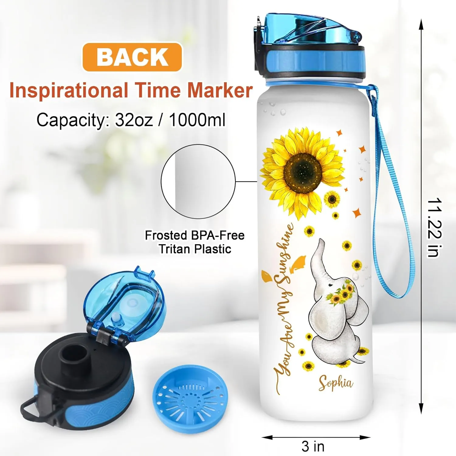 Hyturtle Personalized Elephant Water Bottle - 32oz Motivational Water Bottle with Leak-Proof Lid & Time Marker - Custom Name Gift for Elephant Lovers, Women & Sunflower Lover On Birthday Christmas