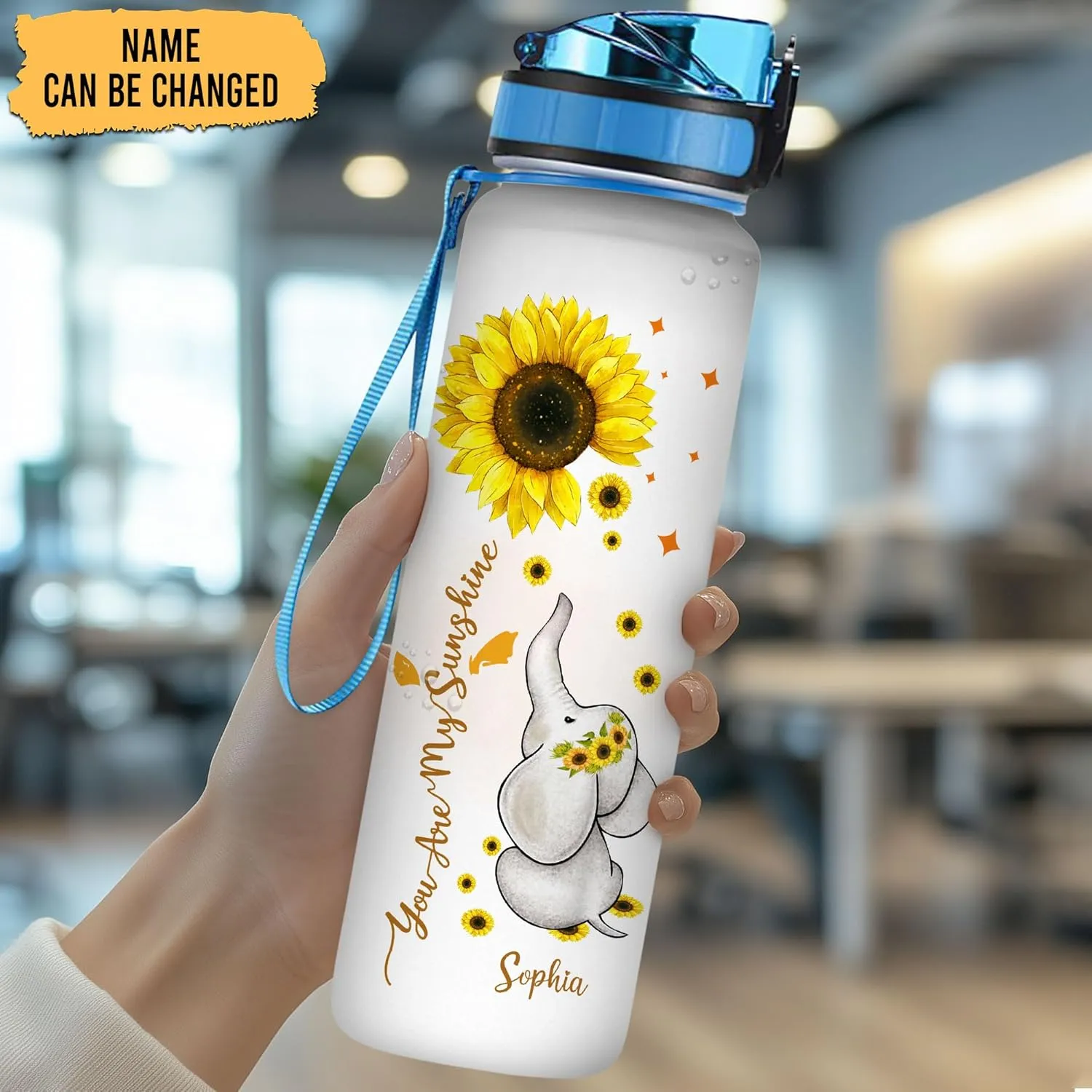 Hyturtle Personalized Elephant Water Bottle - 32oz Motivational Water Bottle with Leak-Proof Lid & Time Marker - Custom Name Gift for Elephant Lovers, Women & Sunflower Lover On Birthday Christmas