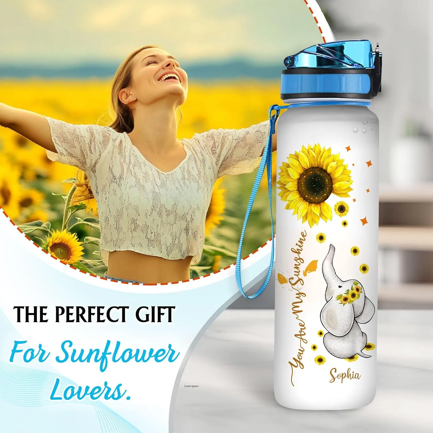 Hyturtle Personalized Elephant Water Bottle - 32oz Motivational Water Bottle with Leak-Proof Lid & Time Marker - Custom Name Gift for Elephant Lovers, Women & Sunflower Lover On Birthday Christmas